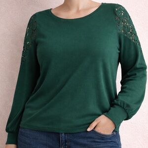 Makarthy Green Lace Shoulder Long Sleeve Top XL Cotton Stretch Blouse